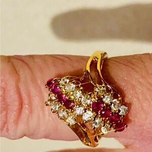 Elegant Gold Ruby Gemstone  Diamond waterfall cluster Ring